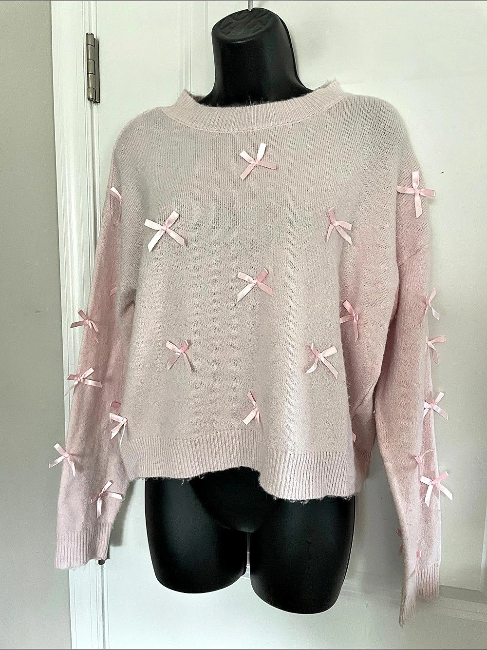 Pink Bow Embellished oversized Sweater by No Boundaries soo soft Size Small